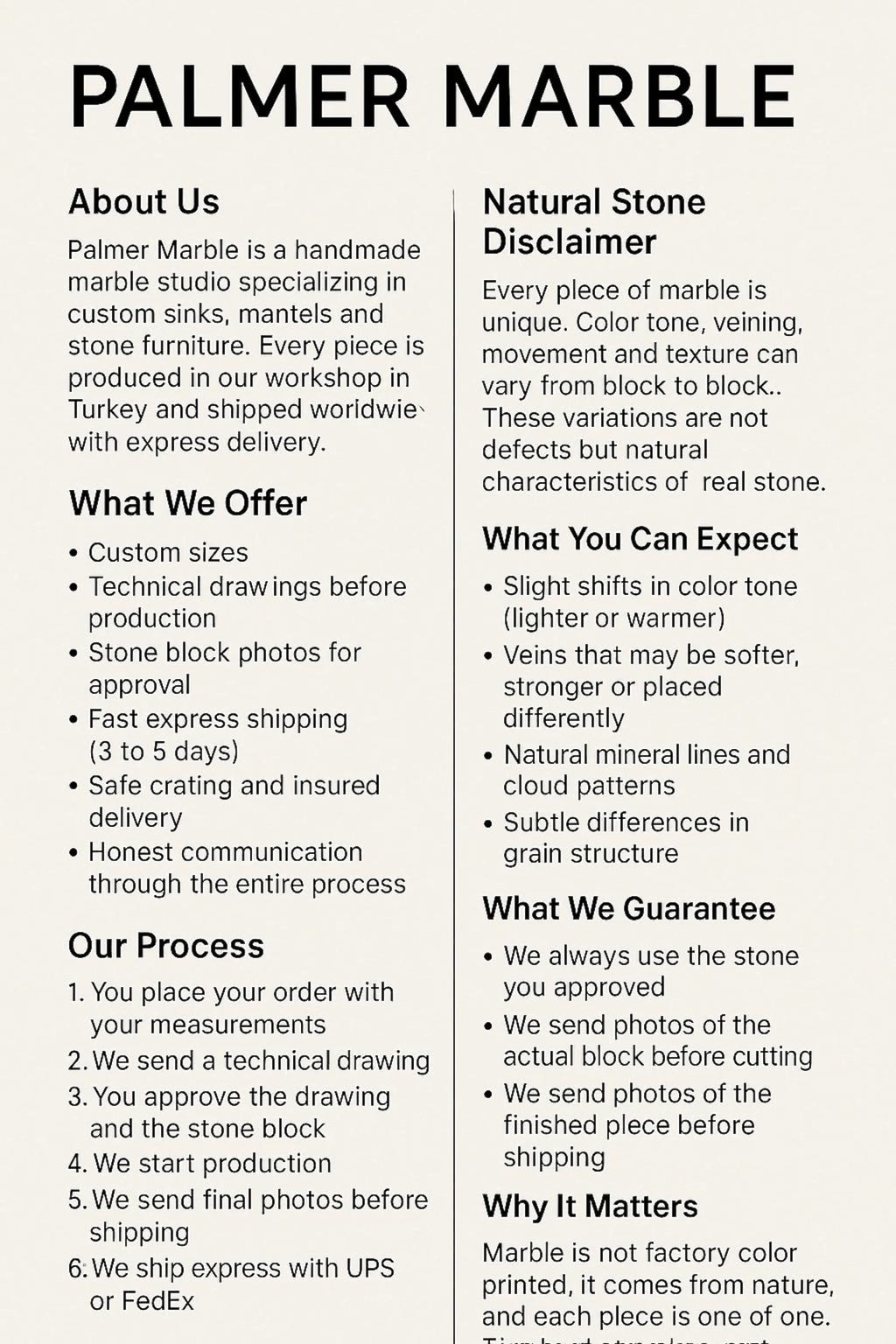 A text-heavy informational poster about Palmer Marble, with black text on a white background covering about the company, what they offer, the process, natural stone disclaimer, what you can expect, guarantees, and why it matters.