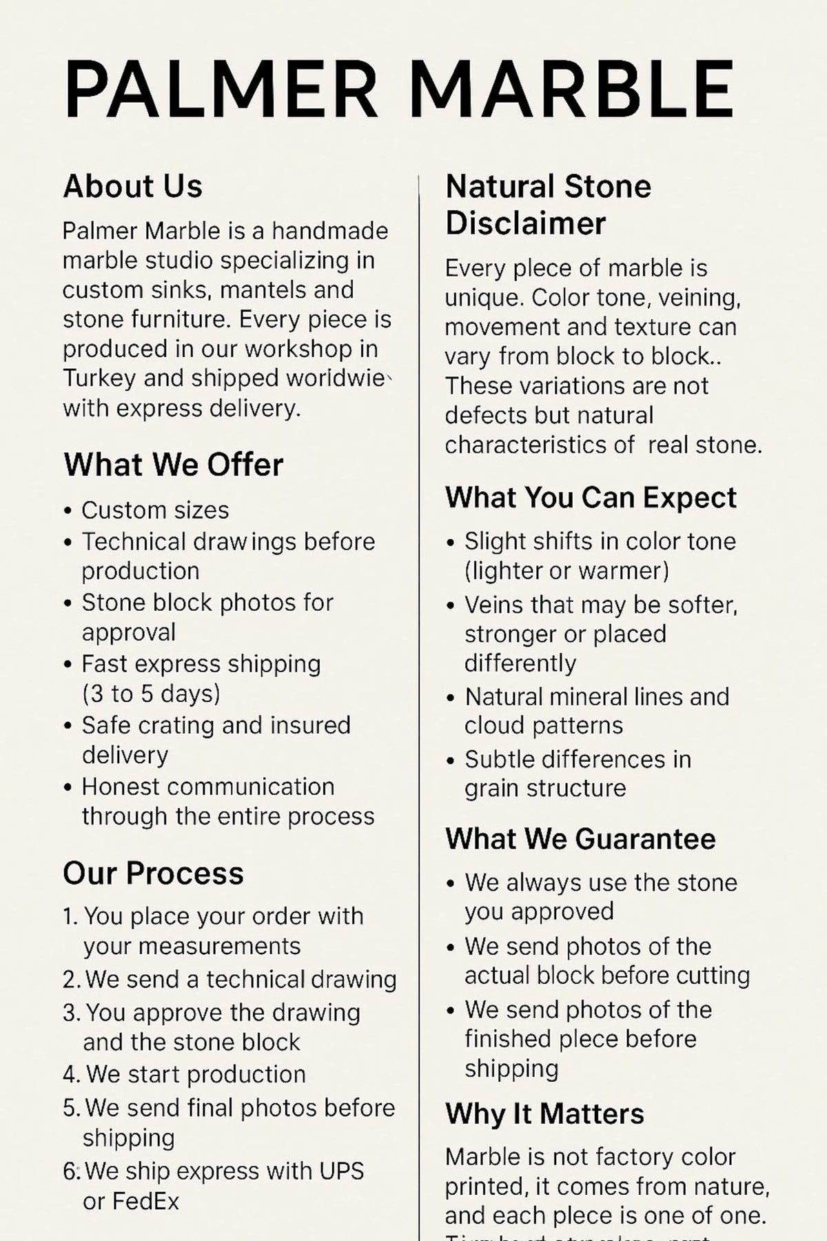 A text-heavy informational poster about Palmer Marble, with black text on a white background covering about the company, what they offer, the process, natural stone disclaimer, what you can expect, guarantees, and why it matters.