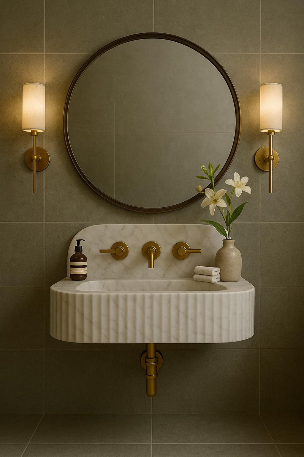 Fluted Carrara marble bathroom sink installed in a luxury powder room