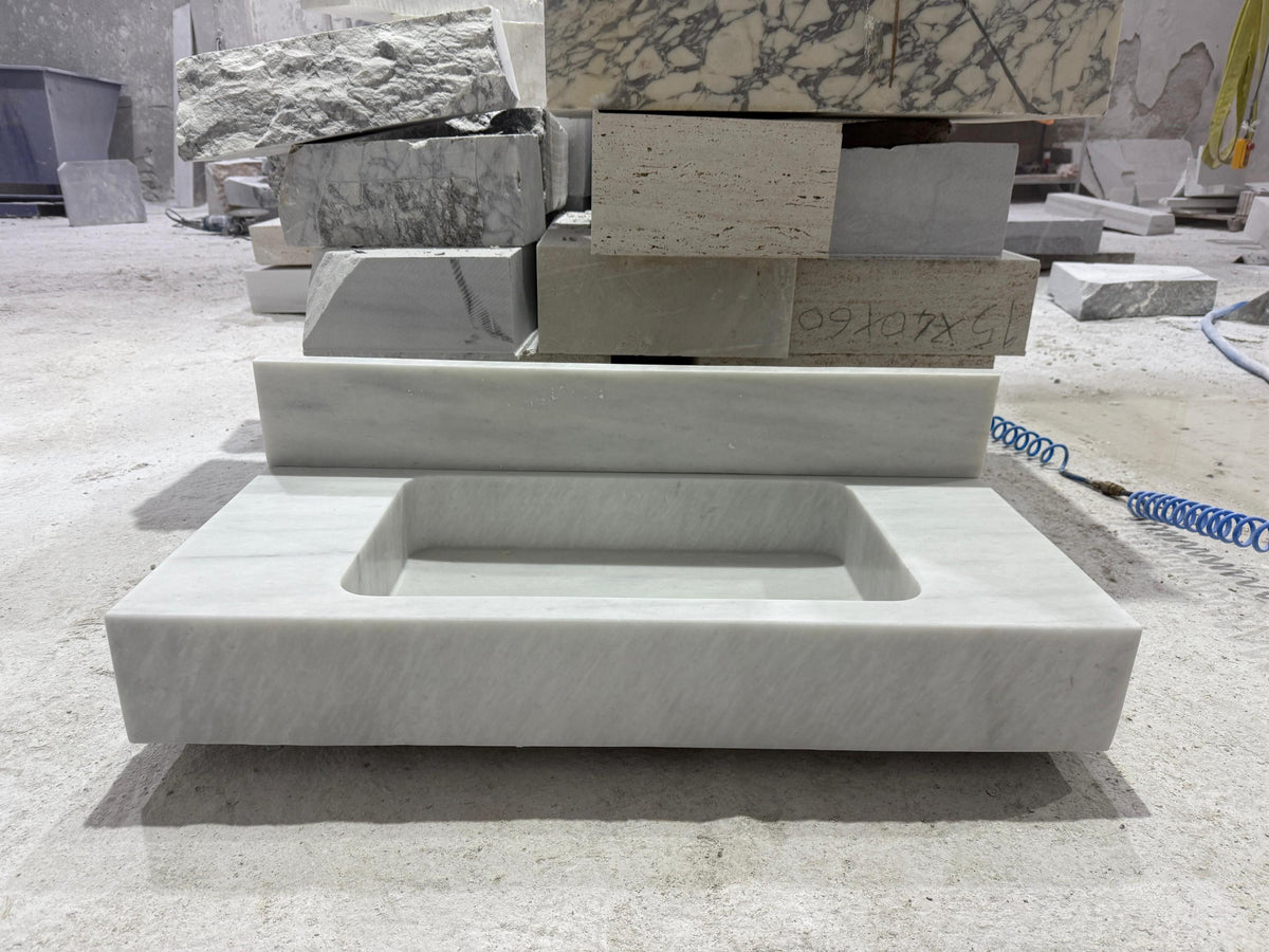 Custom Carrara White Marble Sink | Hand-Carved Bathroom Vanity