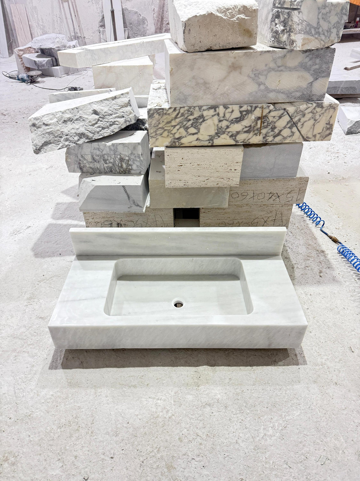 Custom Carrara White Marble Sink | Hand-Carved Bathroom Vanity