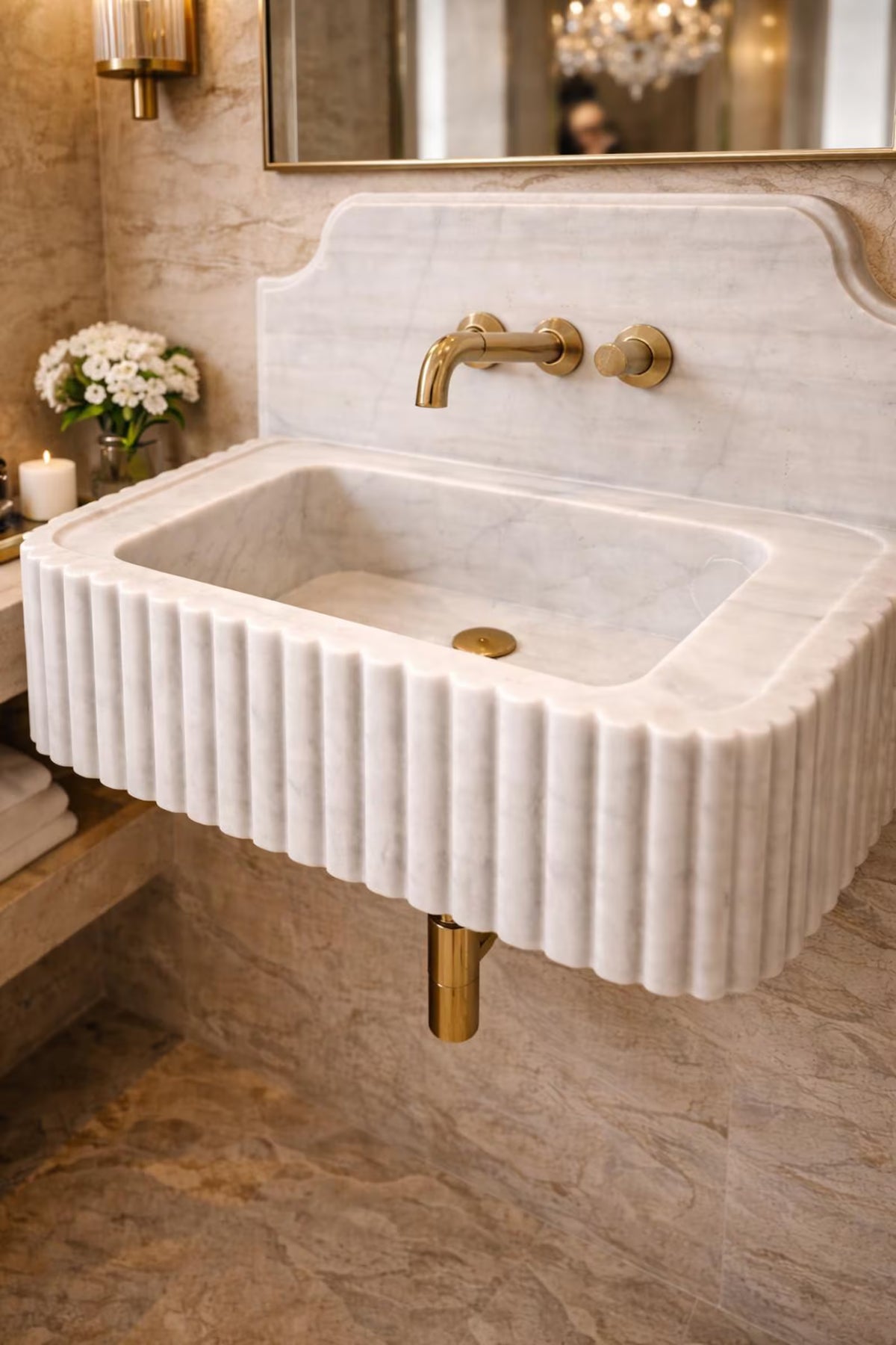 Hand Carved Carrara Marble Sink | Fluted Wall Mounted Basin