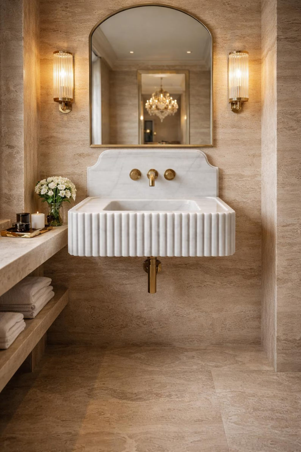 Hand Carved Carrara Marble Sink | Fluted Wall Mounted Basin