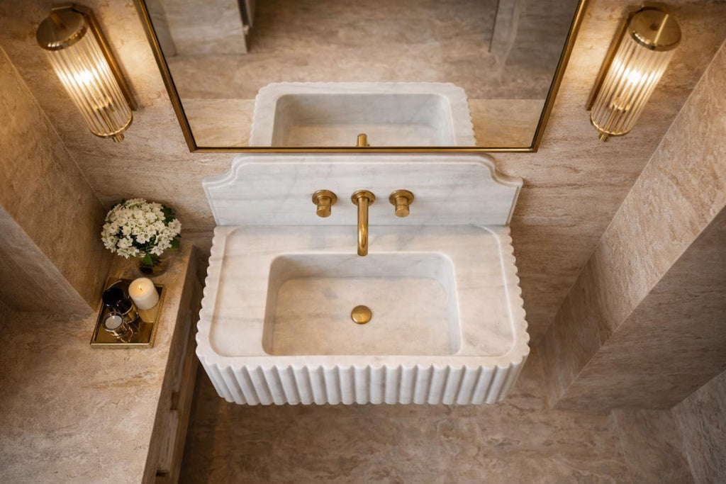 Hand Carved Carrara Marble Sink | Fluted Wall Mounted Basin