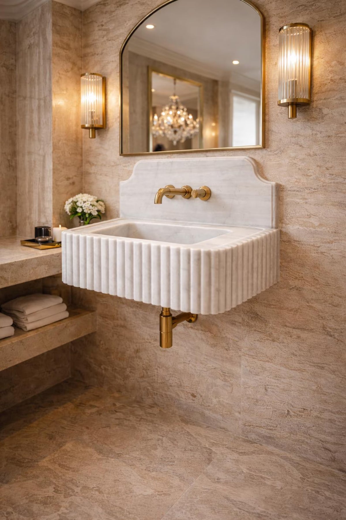 Hand Carved Carrara Marble Sink | Fluted Wall Mounted Basin