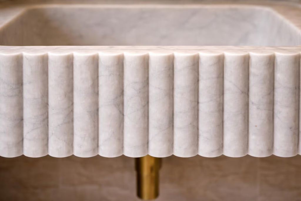 Hand Carved Carrara Marble Sink | Fluted Wall Mounted Basin