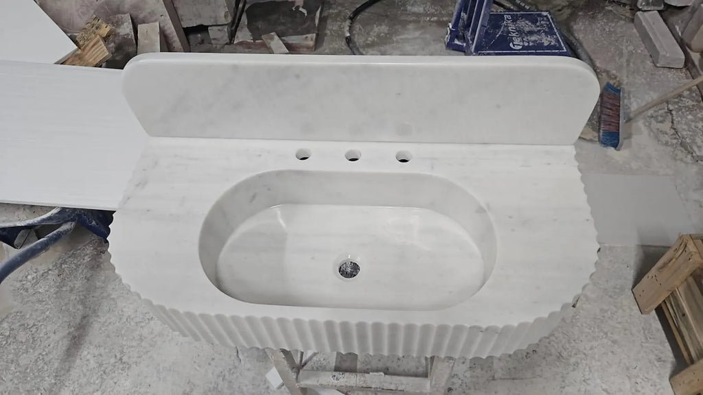 Handmade Carrara Marble Sink | Fluted Wall Mounted Vanity with Backsplash