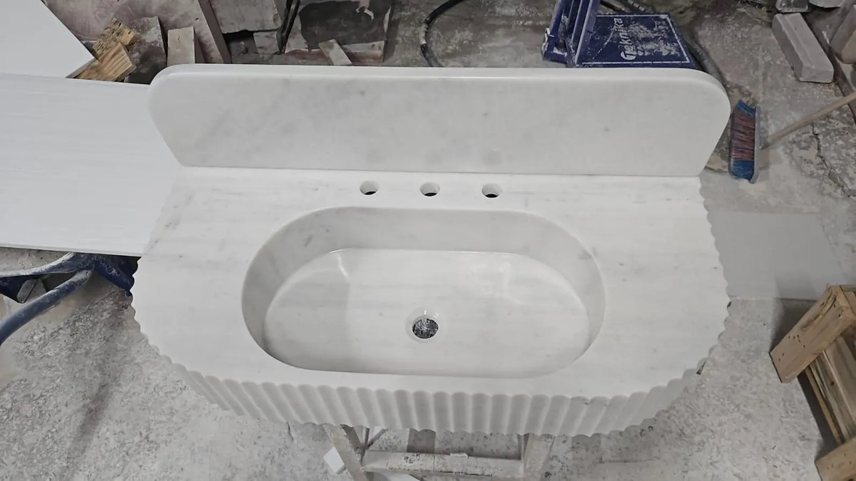 Handmade Carrara Marble Sink | Fluted Wall Mounted Vanity with Backsplash