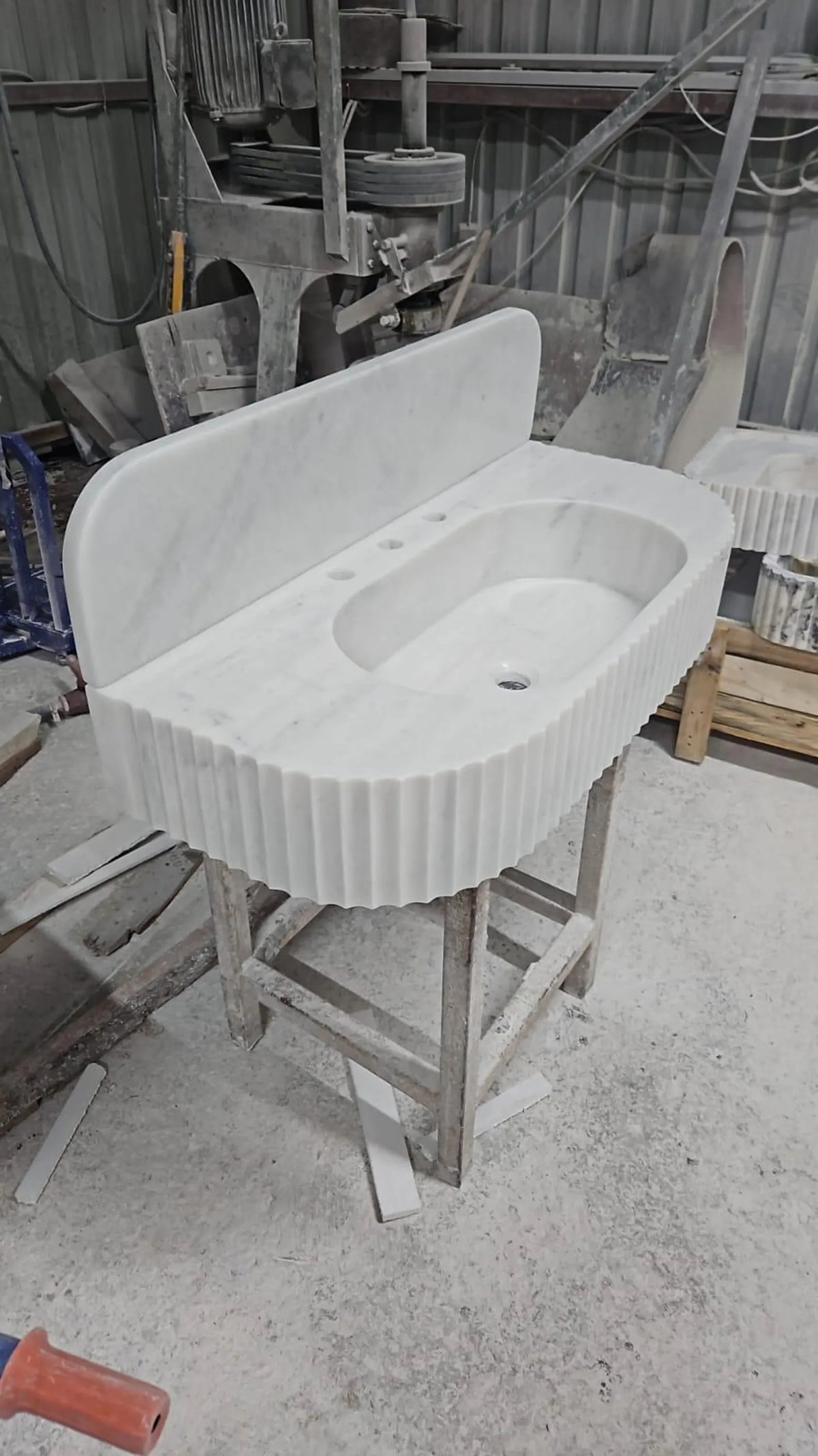 Handmade Carrara Marble Sink | Fluted Wall Mounted Vanity with Backsplash