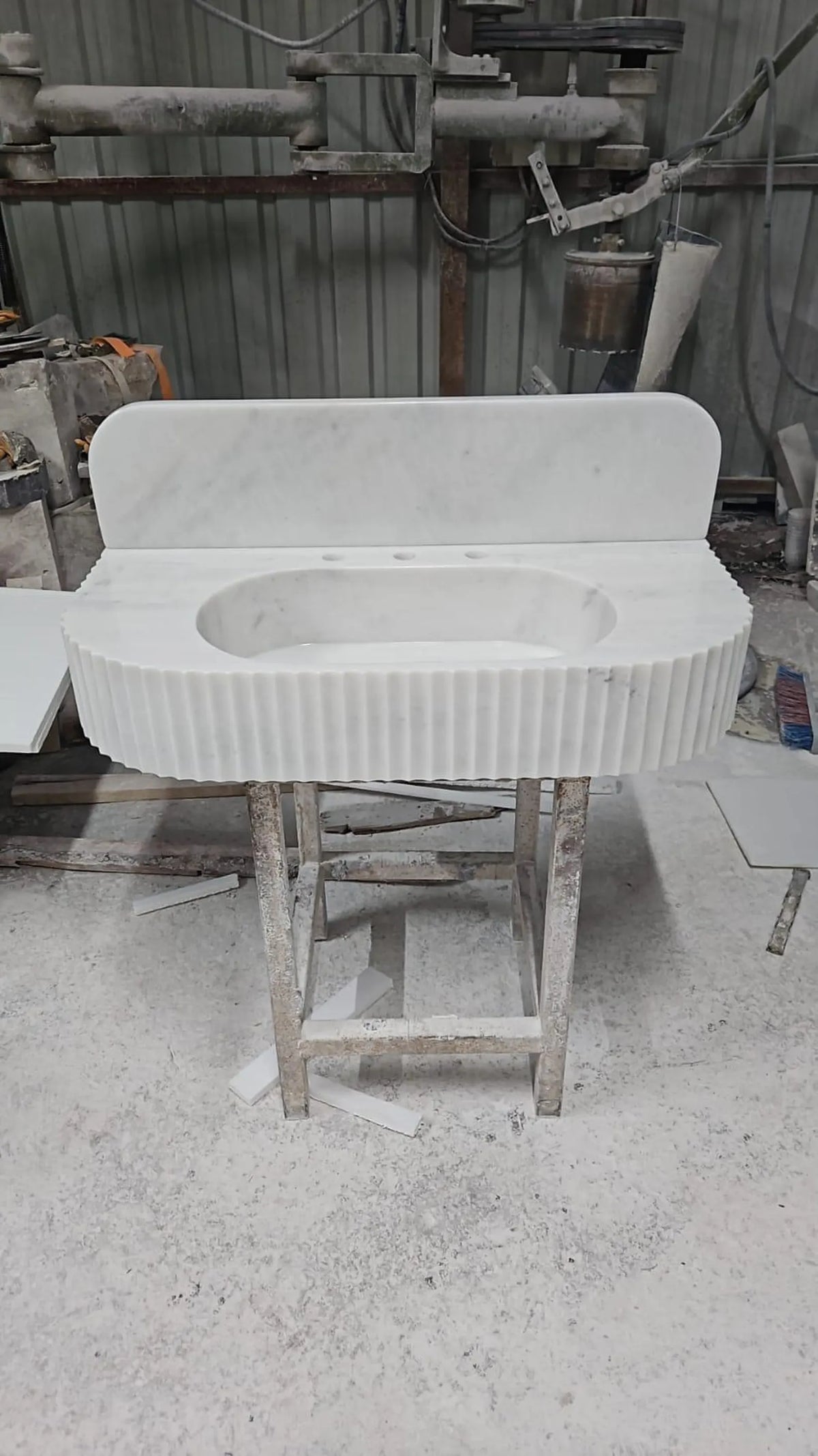 Handmade Carrara Marble Sink | Fluted Wall Mounted Vanity with Backsplash