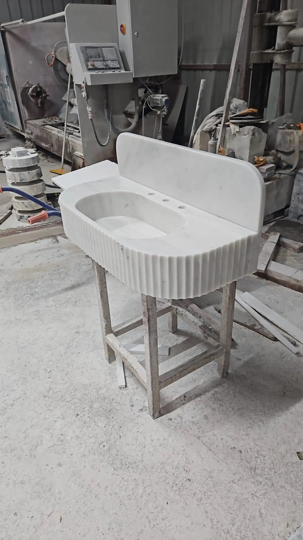 Handmade Carrara Marble Sink | Fluted Wall Mounted Vanity with Backsplash