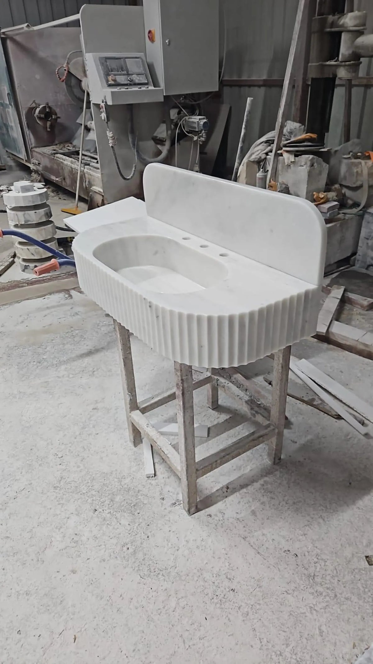 Handmade Carrara Marble Sink | Fluted Wall Mounted Vanity with Backsplash